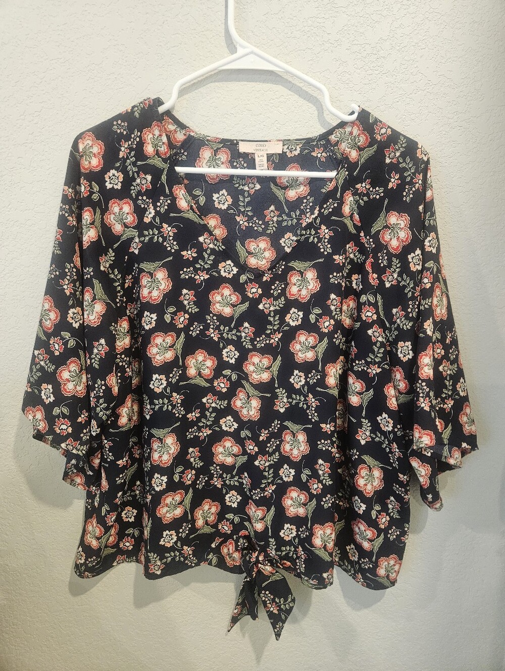 Navy Blouse with Pink Floral Tie-Front